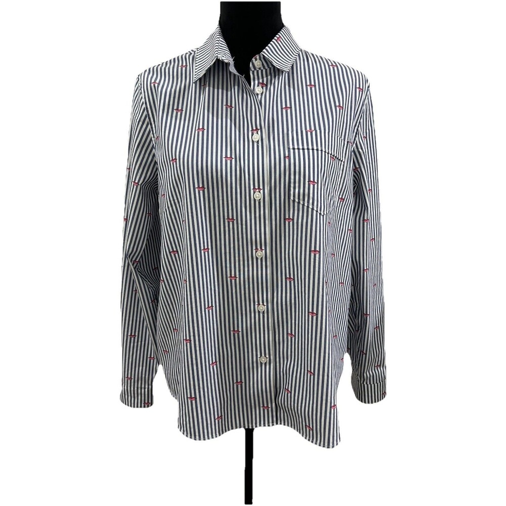 Banana Republic Womens Sz M Top Quinn Boy Fit White Blue Strip Collared Buttons